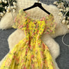 Elegant Slash Neck Vintage Short Puff Sleeve Chic Print Slim Chiffon Dresses French High Street Evening Autumn Mesh Clothing
