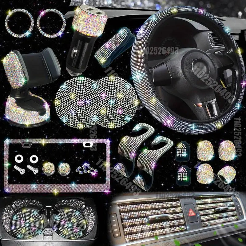 27PCS/Set Women Bling Universal Fit Polyester Steering Cover Shiny License Frame Phone Holder Coasters Tools Car Accessorie