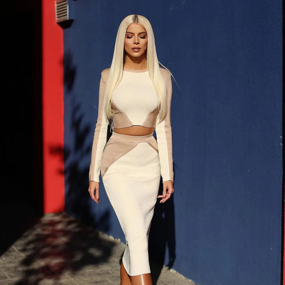 Slim fit party bandage suit elegant set long sleeved dress slim fit fashionable clothing set spring club outfit