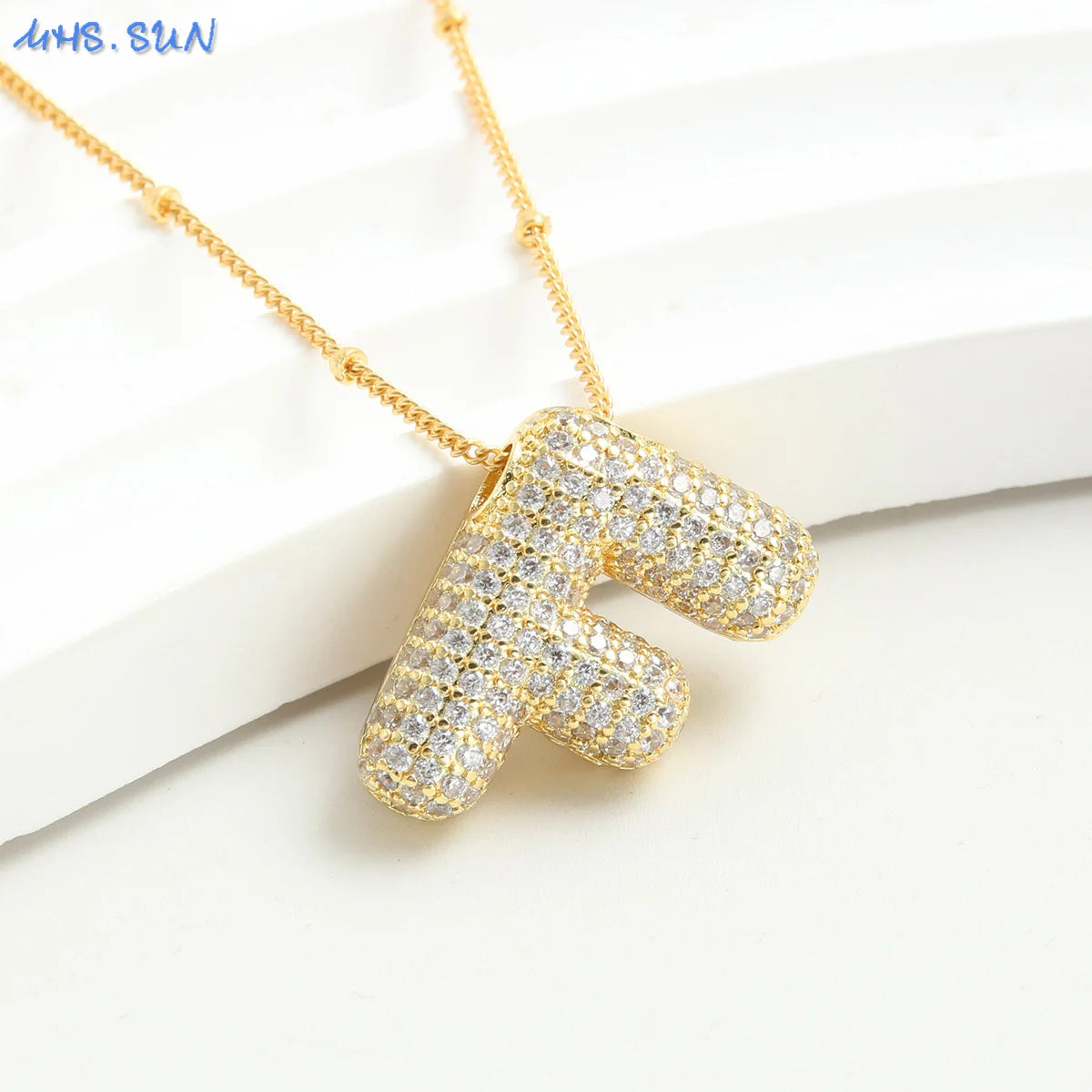 SUNSLL Cubic Zircon A-Z 26 Bubble Letter Necklace 2 Sizes Gold Plated M Chunky Balloon Initials Pendant Women Chain Jewelry 2024