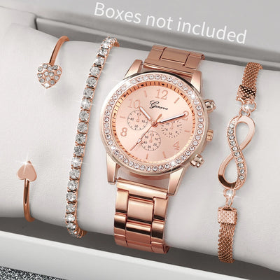 4-TEILIGES Set Mode Strass Damen Uhren Luxus Stahlband Damenuhr Quarz Armbanduhr Set Reloj Mujer (ohne Box)
