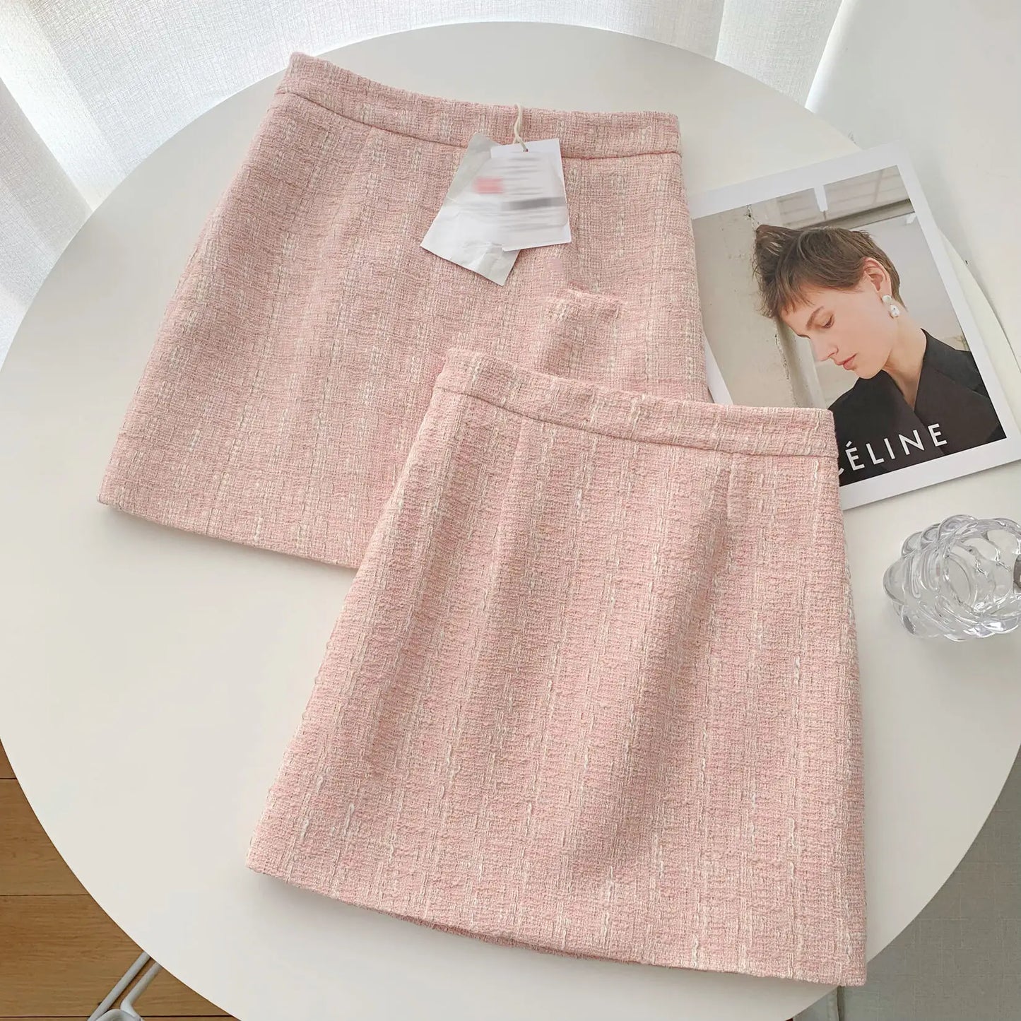 Elegant Fashion Pink Tweed Suit Women's Autumn 2023 Y2k High Quality Blazer Coat+Bag Hip Skirt Commuting Two-Piece Set