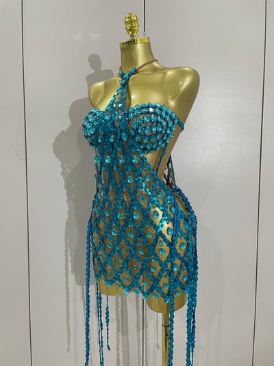 Sexy Sparkly Sequin Diamond Mesh Transparent Two Piece Set Women Celebrate Evening Party Birthday Dress Stage Photo Shoot Wear