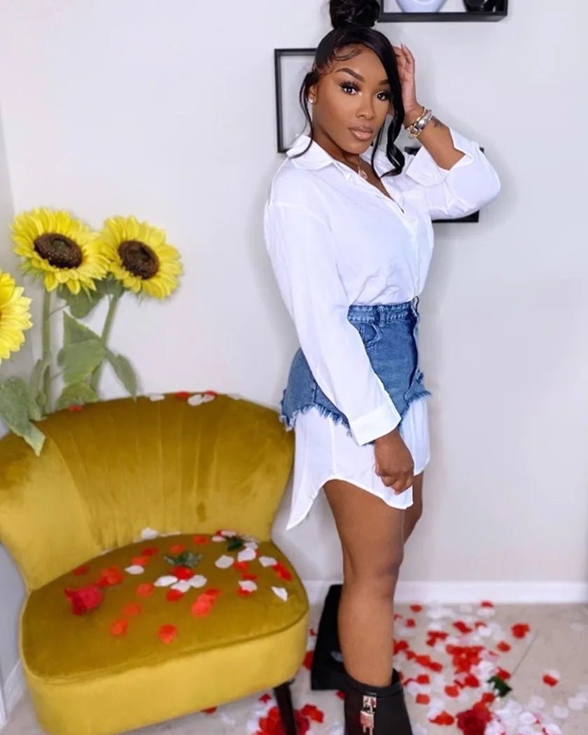 Denim 2 Piece Sets Women Shirt Skirt Suit Hole Single Breasted Turn Down Collar Pocket Splicing Outfits 2025 Skirts Ensemble