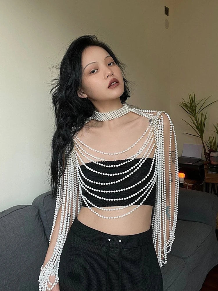 Women Pearl Tank Top Sexy Multiplayer Pearl Tassel Long Sleeve Bra Chains Camisole Necklaces Collar Partywear Crop Tops