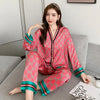 Frühling Herbst Neuer Satin-Seidenpyjama für Damen Mode Langarm Lange Hose Hochwertig Elegant Bequem Revers Loungewear