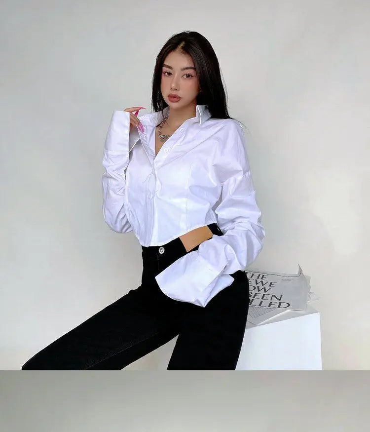 Zadily 2025 Summer Korean Style Long Sleeve White Shirt Women Sexy Button Ladies Crop Tops Blouse Street New In Female Clothing