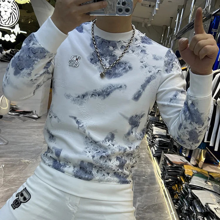 Trend Vielseitig Frühling Herbst Neu Herren O-Ausschnitt Graffiti-Druck Kontrastfarbe Mode Luxus Lässig Langarm Sweatshirts Oberteile