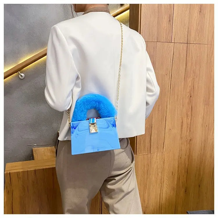 Faux Fur Top Handle Acrylic Party Box Clutch Fashion Purses and Handbags for Women Designer Evening Bag Chain Shoulder Bag