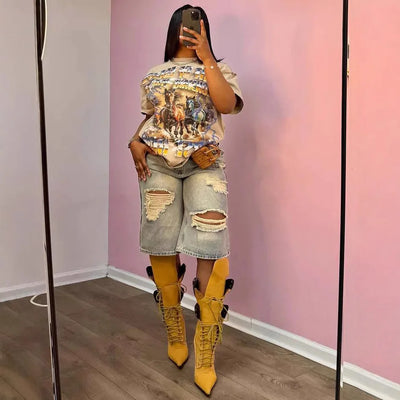 Europe America Summer New High-waisted Loose, Vintage, Ripped Denim Mid-length Straight-leg Wide-leg Pants. Casual Denim Shorts