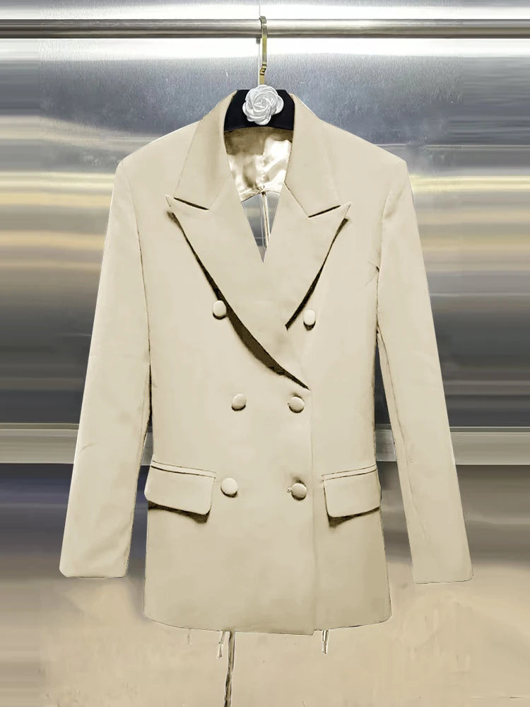 VGH Minimalistische Patchwork-Blazer mit Kordelzug für Damen, Revers, lange Ärmel, rückenfrei, ausgeschnittener Blazer im weiblichen Stil