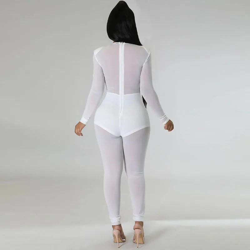 Sexy Mesh Patchwork Transparenter Club-Bodycon-Jumpsuit für Damen, durchsichtiger Einteiler-Overall, Clubwear, Party-, Geburtstagsoutfits