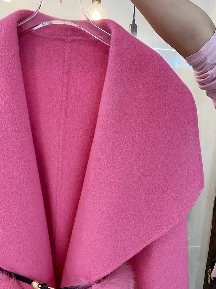 2024 New Winter Real Natural Fox Fur Pocket Coat Ladies Outwear Female Coat Cashmere Wool Woolen Women Luxury Jacket