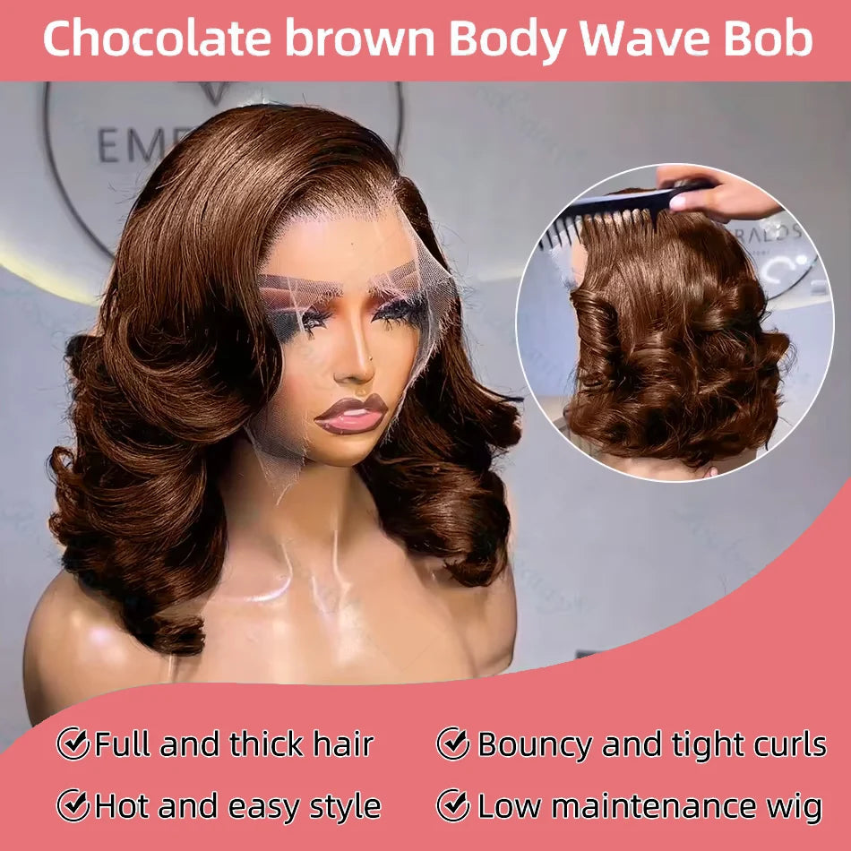 Loose Wave Chocolate Brown Short Bob Wigs 250% Density 13x4 HD Lace Front Wig 100% Human Hair Body Wave Bob Wigs For Women