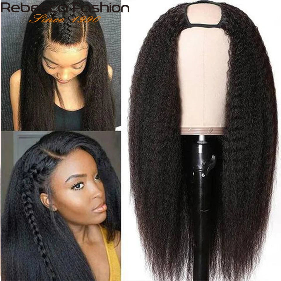 Yaki Straight U-Part-Perücken für schwarze Frauen, Kinky Straight U-Part-Perücke Echthaar Kurz Schwarz Braun U-Part-Perücke Kinky Straight Clip