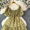 2024 Neues Sommer Blumenmuster Maxikleid Damen Vintage Eckiger Ausschnitt Geraffte Brust Schärpe Bandage Sommerkleid Partykleid