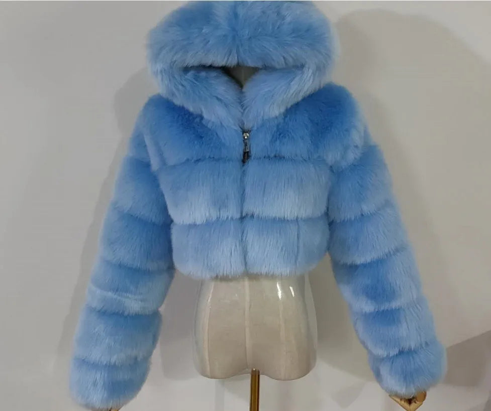 Women Warm Faux Fur Coat Winter Vintage Gradient Jacket Furry Outerwear Jackets Hooded Coats Plus Size Autumn Winter Streetwear