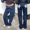 Combhasaki Damen Y2K Vintage Jeans Ästhetischer Sternmuster-Print Loose Straight Leg Denim Lange Hose Lässige Low Waist Hose