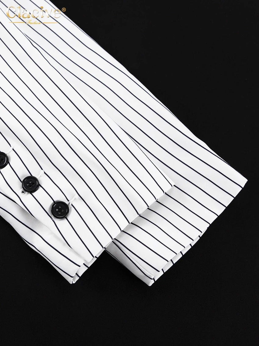 Clacive Fashion Long Sleeve Crop Top 2 Piece Sets Women Elegant Slim Stripe Print Skirts Set Casual High Waist Long Skirt Suits