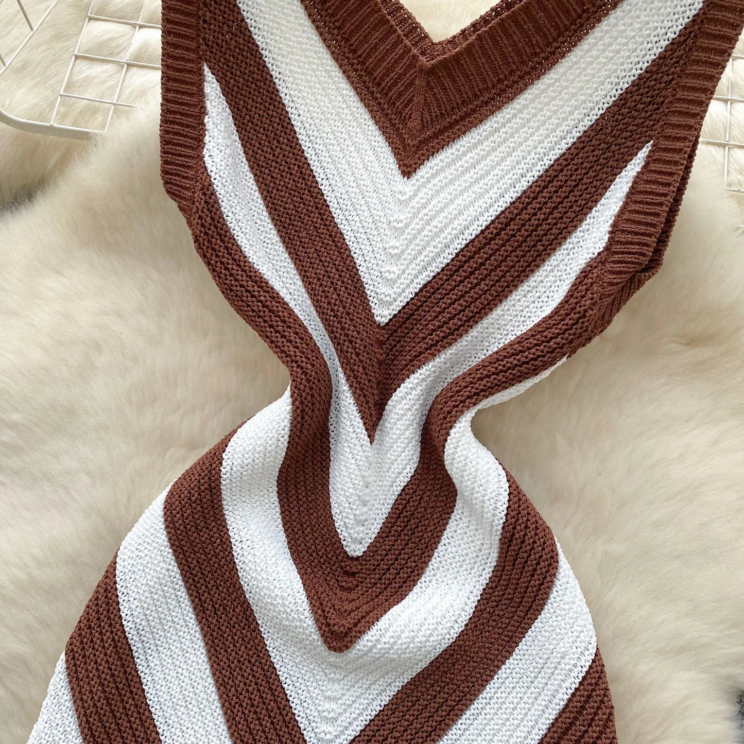 Joskaa 2025 Women's Striped Patchwork Knitted V-Neck Sleeveless Bodycon Asymmetric Fringe Hem Dress Holiday Beach Streetwear