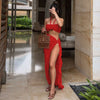 Hugcitar Fashion 2 Pcs Sets Strapless Tie Flower Draped Sexy Crop Tank Top Slit Tassel Maxi Skirt Women Outfit Festival Party