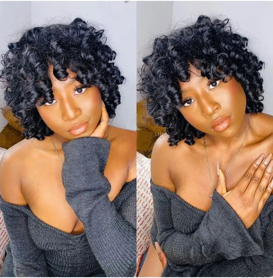 250% Bob Bouncy Lockige Echthaarperücken Loose Bouncy Rose Lockige Perücken mit Pony Brasilianisches Remy Haar Maschinenperücke für Frauen
