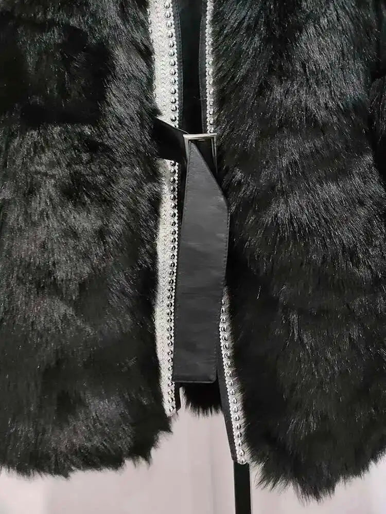 DEAT Fashion Temperament Thickened Fur Coat Cardigan Women Top-Quality Leather Patchwork Long Sleeve Jacket 2024 Winter 11SX023