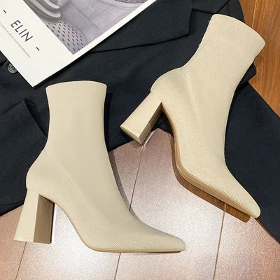 Damenstiefeletten High Heels Elastische Sockenstiefel 2023 Wintermode Spitze Zehen Stiletto-Absatz Damen Chunky Heel Damenschuhe Hellbeige