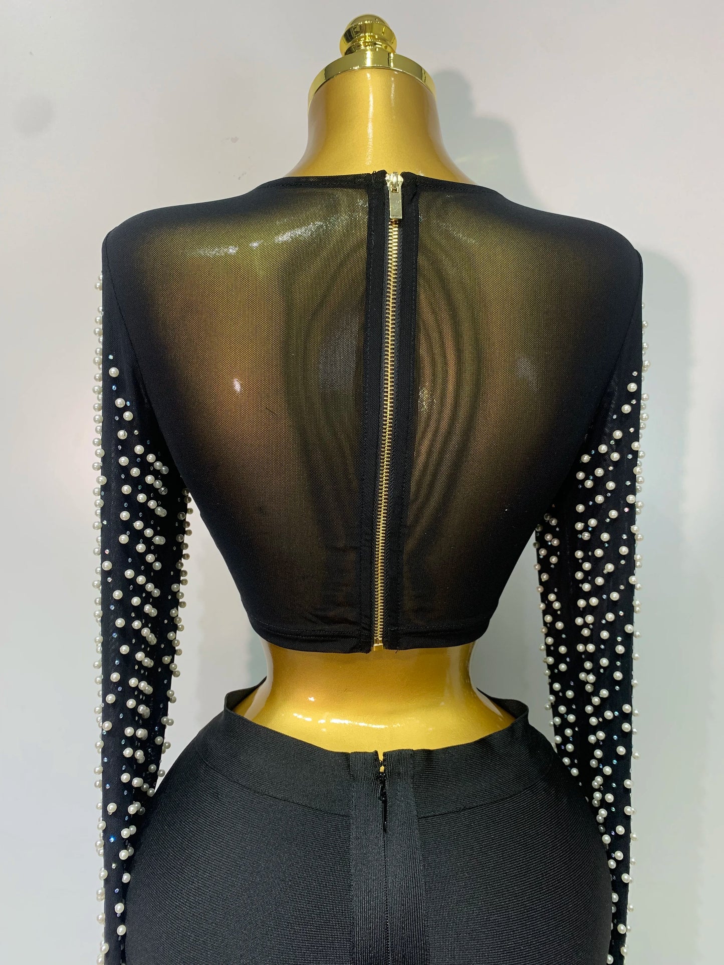 Damen Sexy Langarm Mesh Perlen Top Celebrity Midi Damen Bandage Set 2025 Designer Abendparty Luxus Geburtstag Zweiteiler Set