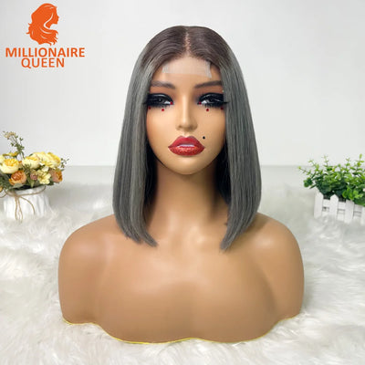 Vietnamesisches Haar, Super Double Drawn Bone Straight 2x6 Bob-Perücke aus 100 % Echthaar, T4/Grau, 250 % Dichte, für schwarze Frauen