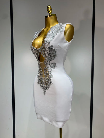 Damen 2025 Sexy V-Ausschnitt Cut-Out Kurzes Bandage-Kleid Silber Pailletten Weiß Elegant Luxus Geburtstag Party Club Hochzeit Vestidos