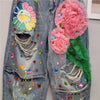 Fashion Rhinestone Washed Ripped Graphic Jeans Street Style Women's Denim Pants High Waisted Beaded Sequin Straight-Leg Jean