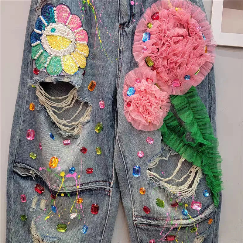 Fashion Rhinestone Washed Ripped Graphic Jeans Street Style Women's Denim Pants High Waisted Beaded Sequin Straight-Leg Jean