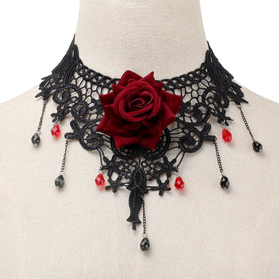 Vintage Blumen-Anhänger-Halskette für Damen, Gothic Spitze Quaste Schlüsselbeinkette Schmuck