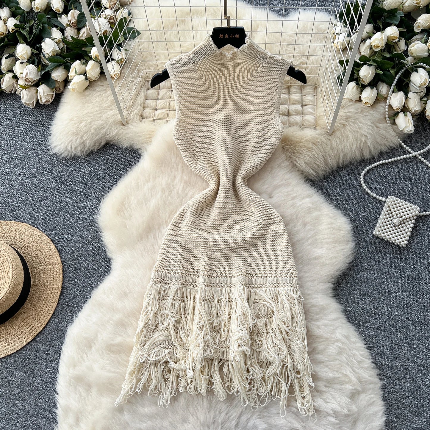 Chic Elastic Knit tassel O Neck Women Elegant Korean Fashion Vestidos Summer A-line Wrap mini dress