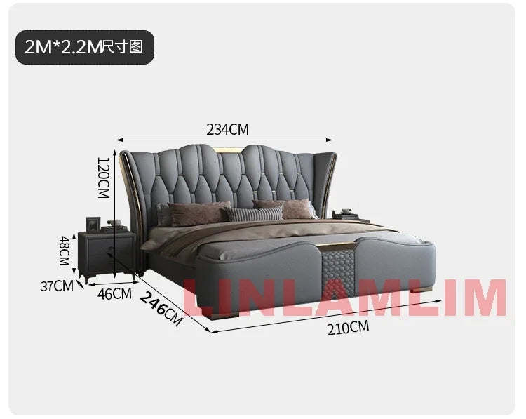MINGDIBAO Luxuriöses, modernes Polsterbettgestell mit Goldakzenten, Designer-Bett aus echtem Leder, Schlafzimmermöbel in Queen-/King-Size