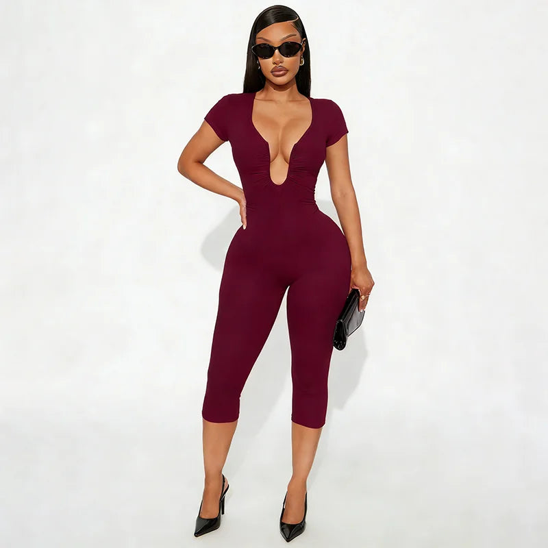 Solid Color Sexy Slim Fit and Slimming Chest U-Neck Jumpsuit, Versatile and Fashionable Jumpsuit Cropped Pants