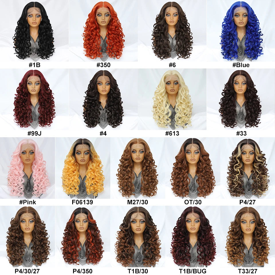 Latisha 13X6 HD Synthetische Spitzenfrontperücke lockig vorgezupfte Lace-Frontal-Perücke mit Pony für Damen, Highlights mit Babyhaar, 24 Zoll