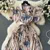2024 Summer Women Floral Pleated Dress Vintage Turn-Down Collar Short Sleeve Single Breasted Printed Draped Midi Vestidos New