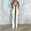 Sexy V-neck Contrast Color Off-shoulder Sleeveless Striped Wide Sling Split Hem Long Dress Temperament Party Club Casual Clothes