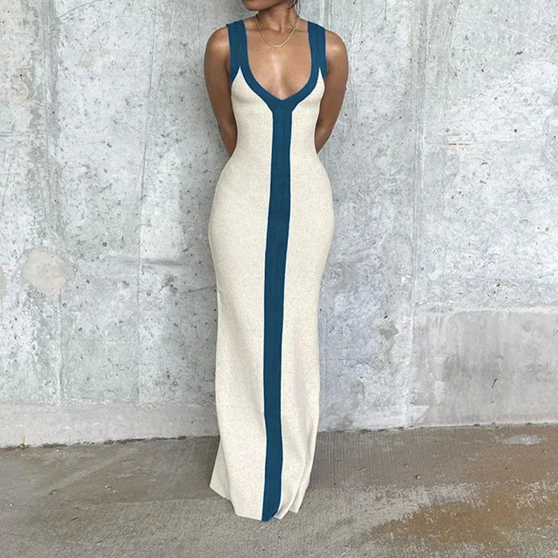 Sexy V-neck Contrast Color Off-shoulder Sleeveless Striped Wide Sling Split Hem Long Dress Temperament Party Club Casual Clothes