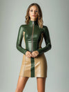 Women's Elegant Color Block PU Leather Dress High Neck Zipper Long Sleeve Slim Fit Bodycon Mini Dress For Female Party Dresses