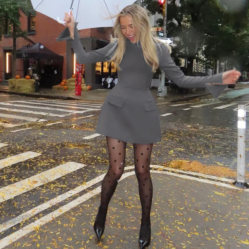 Hugcitar 2024 Frühling O-Ausschnitt Langarm Uni Patchwork Reißverschluss Sexy Bodycon Minikleid Damen Mode Outfits Geburtstagsparty Y2K