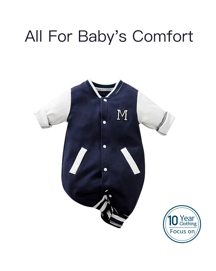 Baby Long Sleeved Jumpsuit Spring And Autumn Boys And Girls Baseball Suit Letter Embroidered Cotton Soft 0-18m One Piece Set