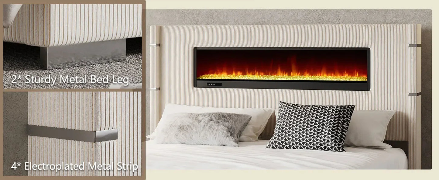 Bettrahmen mit Kamin, Polsterbett mit Flügelkopfteil und 153,4 cm hohem Kopfteil, Samt-Polsterbett mit Holzlattenrost