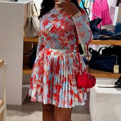 Women Two Piece Sets Shorts Skirt Set Full Sleeve Print Top Short Skirts A Line Pleated High Waist Y2k Streetwear Elegant Autumn