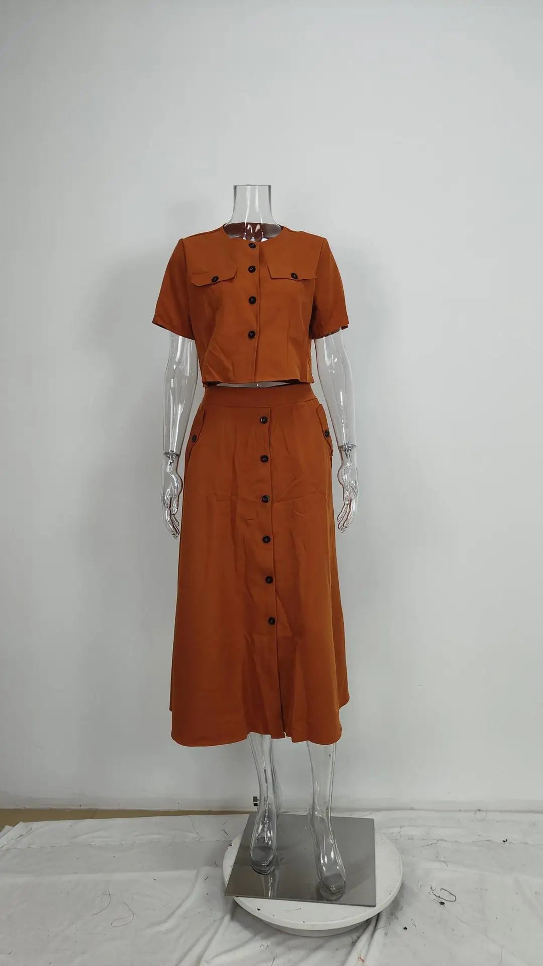 Office Elegant Crop Shirt Skirt Two Piece Sets Women Fashion Short Sleeve Button Shirts Outfits Spring Summer Dress Casual Suit