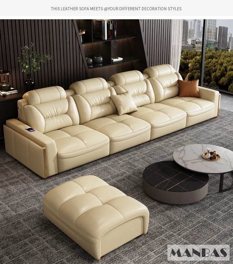 Premium italienische Echtleder-Ecksofas Sofagarnituren mit USB und Bluetooth Lautsprecher – MANBAS Wohnzimmermöbel