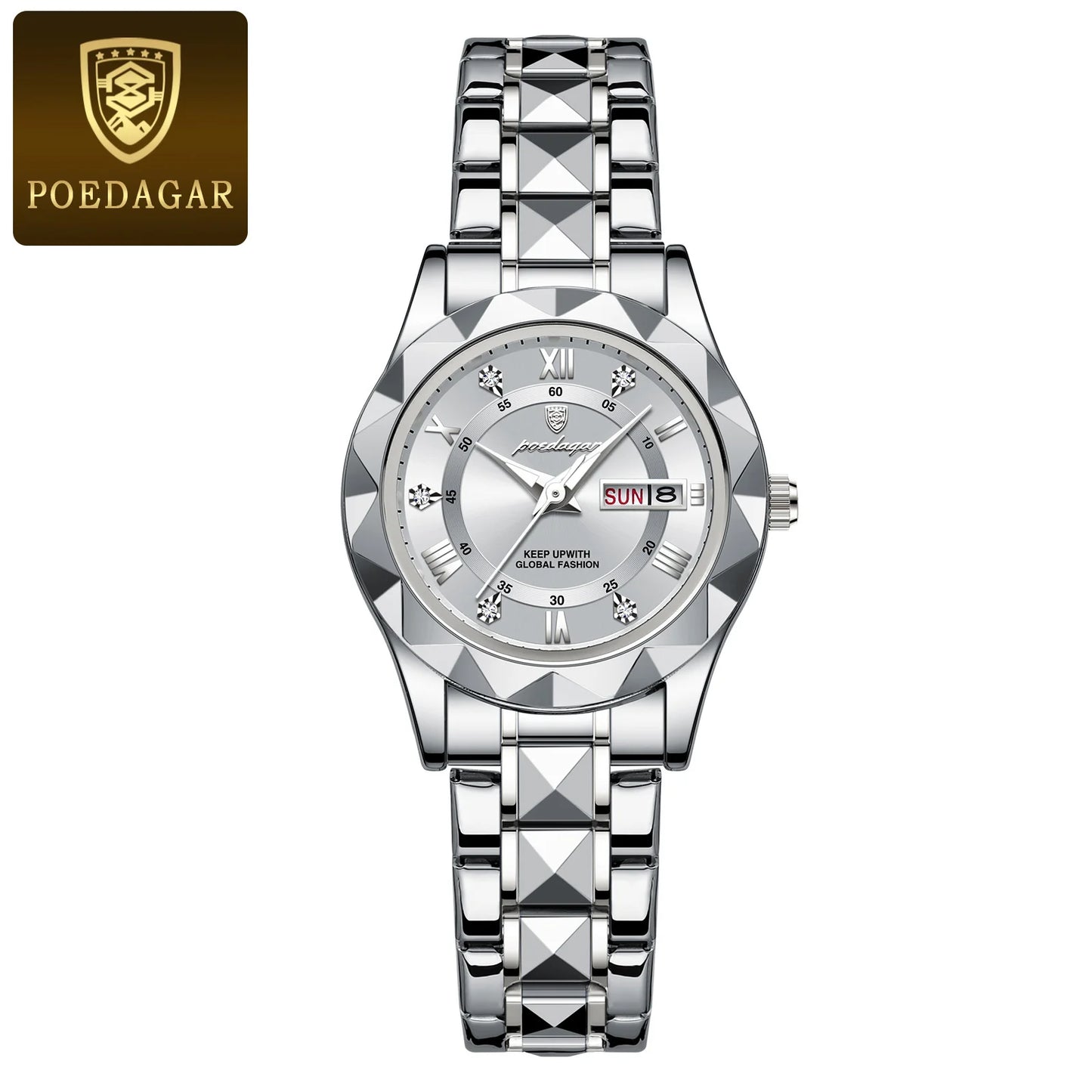 POEDAGAR Luxuriöse Damen-Kleideruhr, leuchtend, wasserdicht, Wochen- und Datumsanzeige, Damenarmbanduhr, Edelstahl-Damenquarzuhr reloj+box