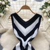 Joskaa 2025 Women's Striped Patchwork Knitted V-Neck Sleeveless Bodycon Asymmetric Fringe Hem Dress Holiday Beach Streetwear